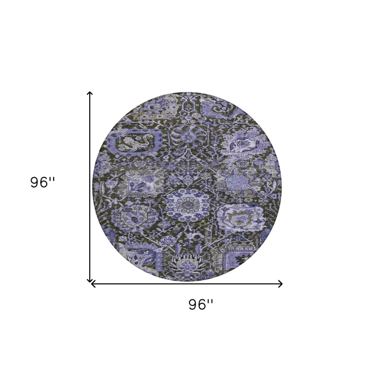 8' Purple And Black Round Damask Washable Indoor Outdoor Area Rug