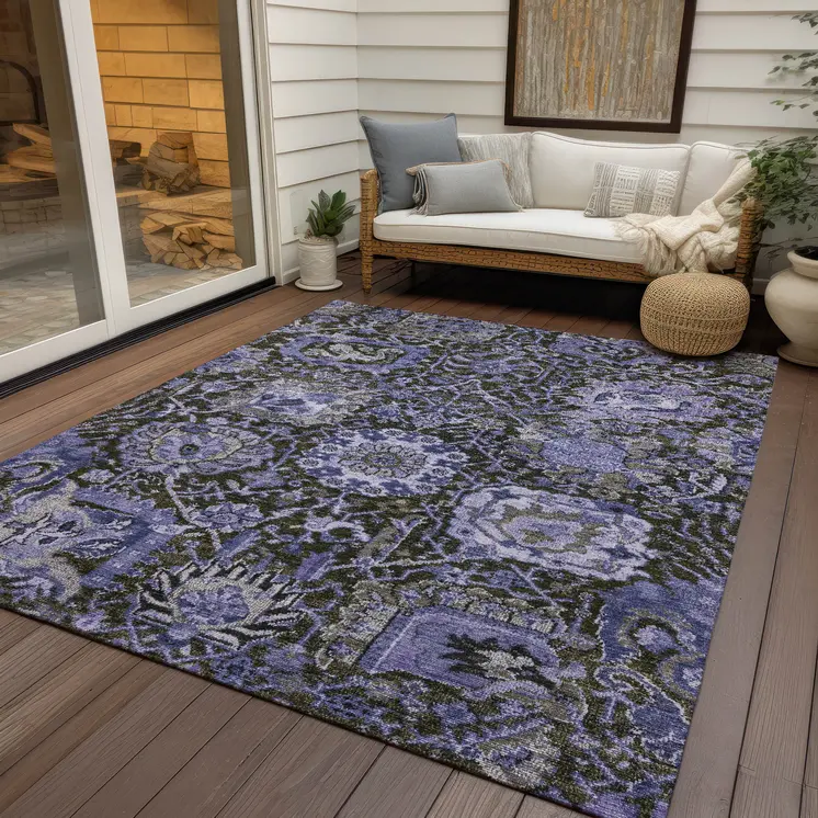 10' X 14' Purple And Black Damask Washable Indoor Outdoor Area Rug