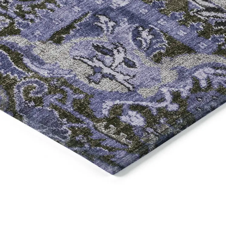 10' X 14' Purple And Black Damask Washable Indoor Outdoor Area Rug