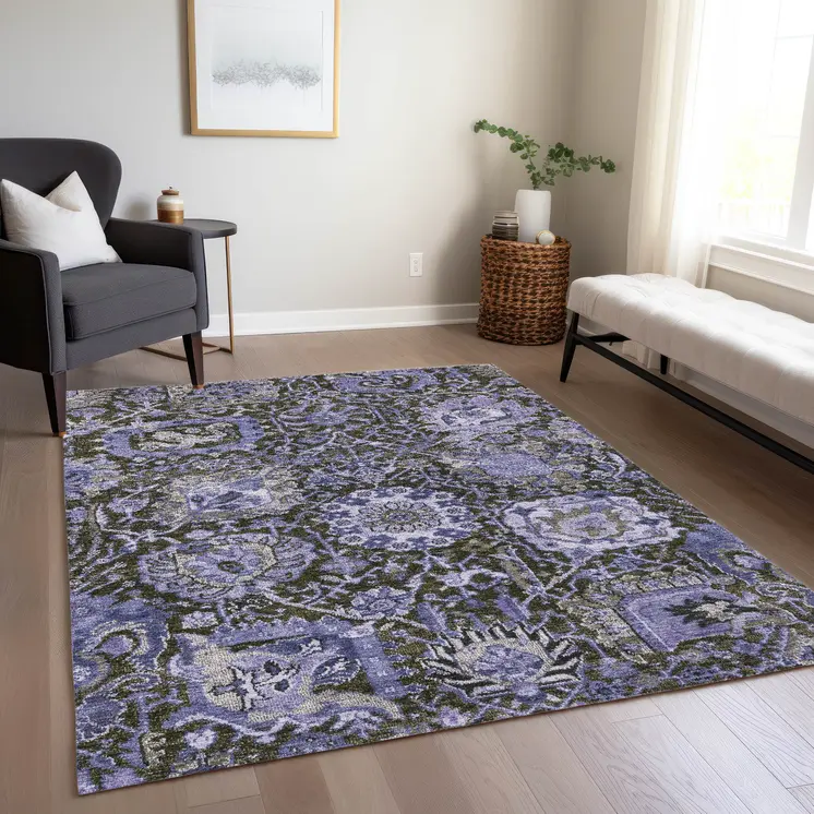 10' X 14' Purple And Black Damask Washable Indoor Outdoor Area Rug