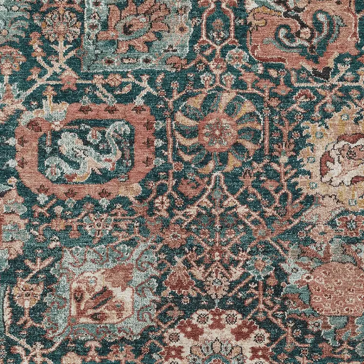 5' X 8' Salmon And Red Damask Washable Indoor Outdoor Area Rug