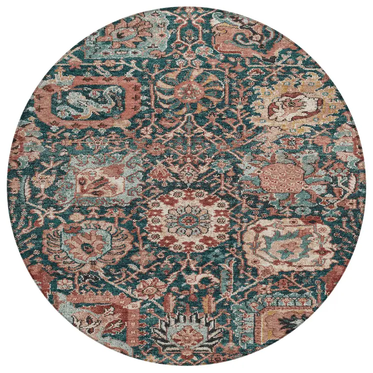 8' Salmon And Red Round Damask Washable Indoor Outdoor Area Rug