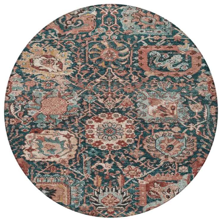 8' Salmon And Red Round Damask Washable Indoor Outdoor Area Rug