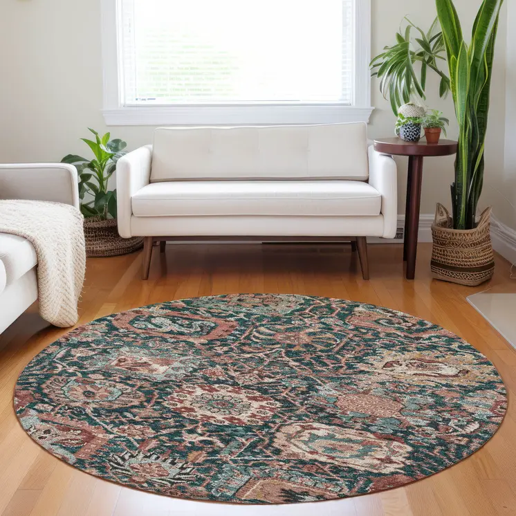 8' Salmon And Red Round Damask Washable Indoor Outdoor Area Rug