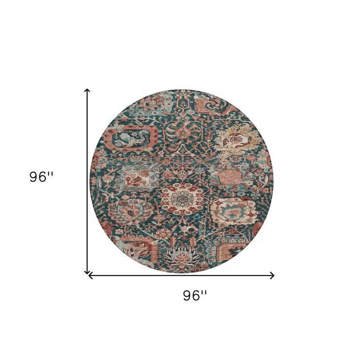 8' Salmon And Red Round Damask Washable Indoor Outdoor Area Rug