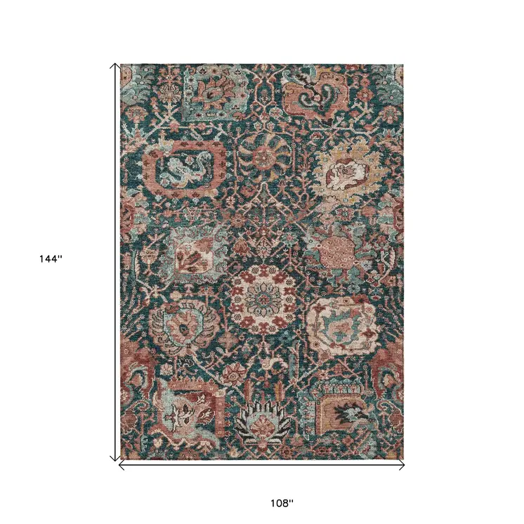 9' X 12' Salmon And Red Damask Washable Indoor Outdoor Area Rug
