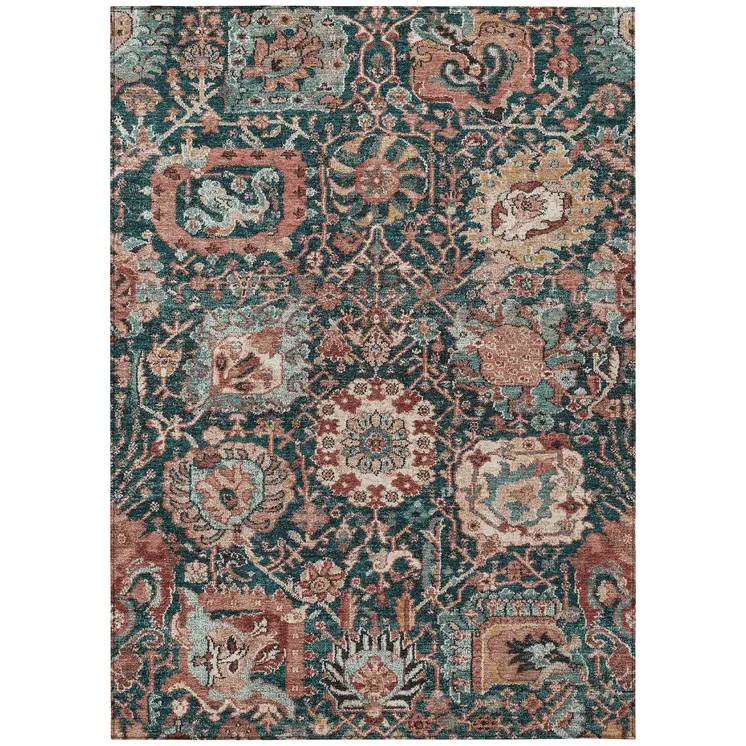 9' X 12' Salmon And Red Damask Washable Indoor Outdoor Area Rug