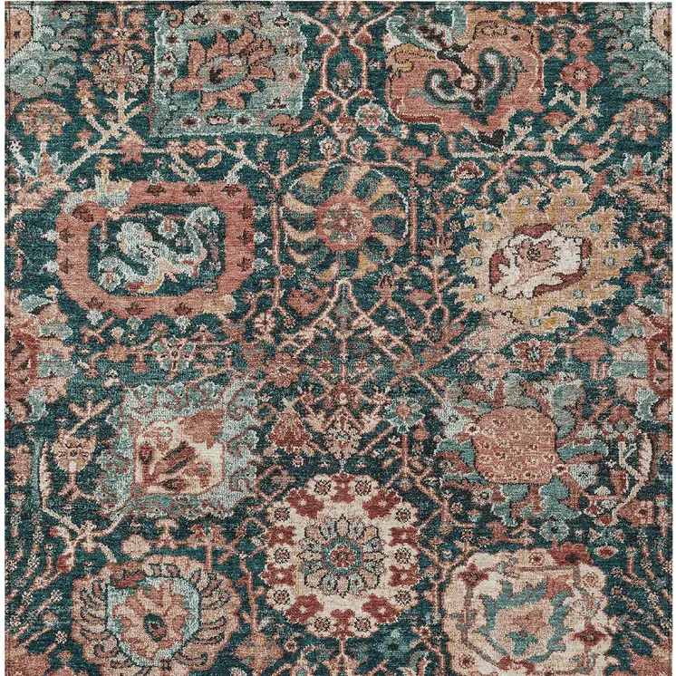10' X 14' Salmon And Red Damask Washable Indoor Outdoor Area Rug