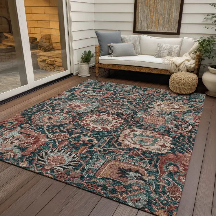 10' X 14' Salmon And Red Damask Washable Indoor Outdoor Area Rug