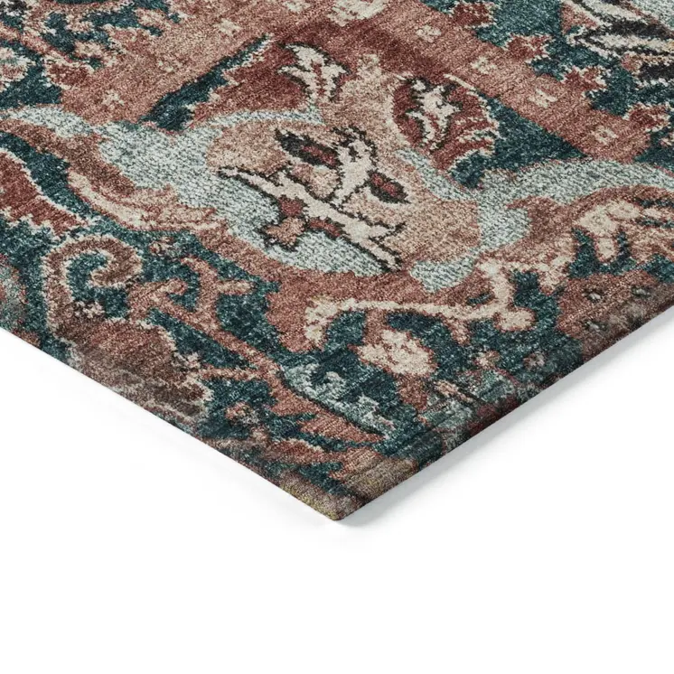 10' X 14' Salmon And Red Damask Washable Indoor Outdoor Area Rug