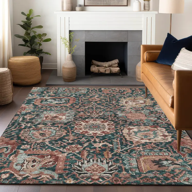 10' X 14' Salmon And Red Damask Washable Indoor Outdoor Area Rug
