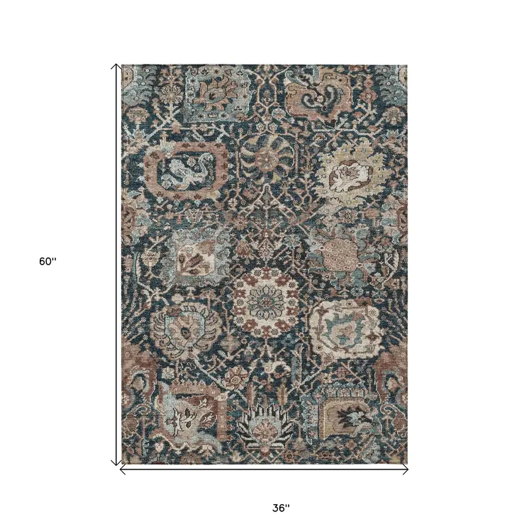 3' X 5' Taupe Blue And Beige Geometric Washable Indoor Outdoor Area Rug