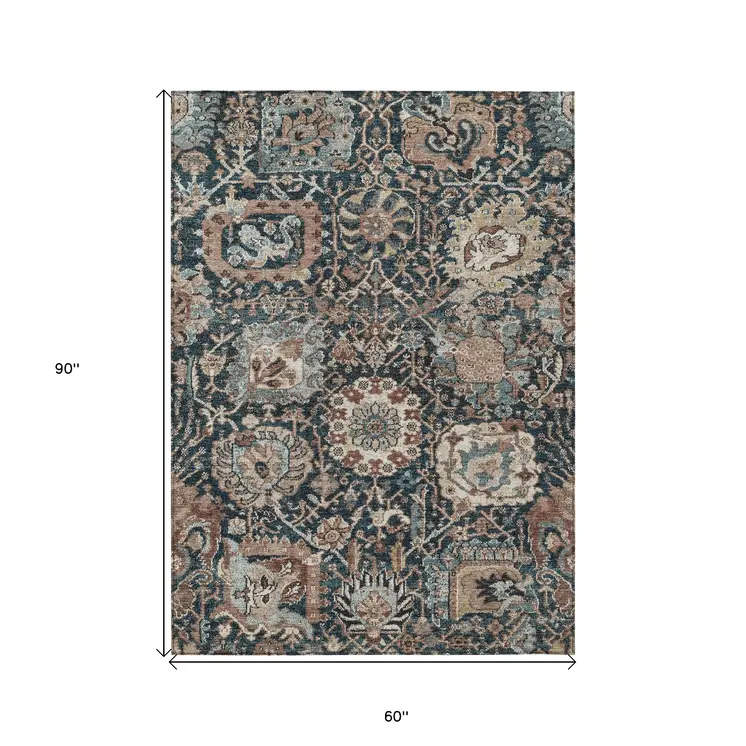 5' X 8' Taupe Blue And Beige Geometric Washable Indoor Outdoor Area Rug