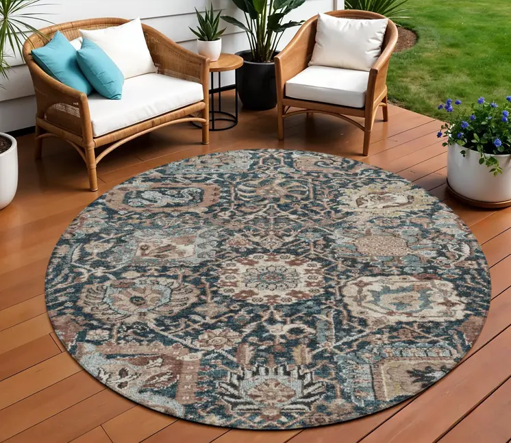 8' Taupe Blue And Beige Round Geometric Washable Indoor Outdoor Area Rug