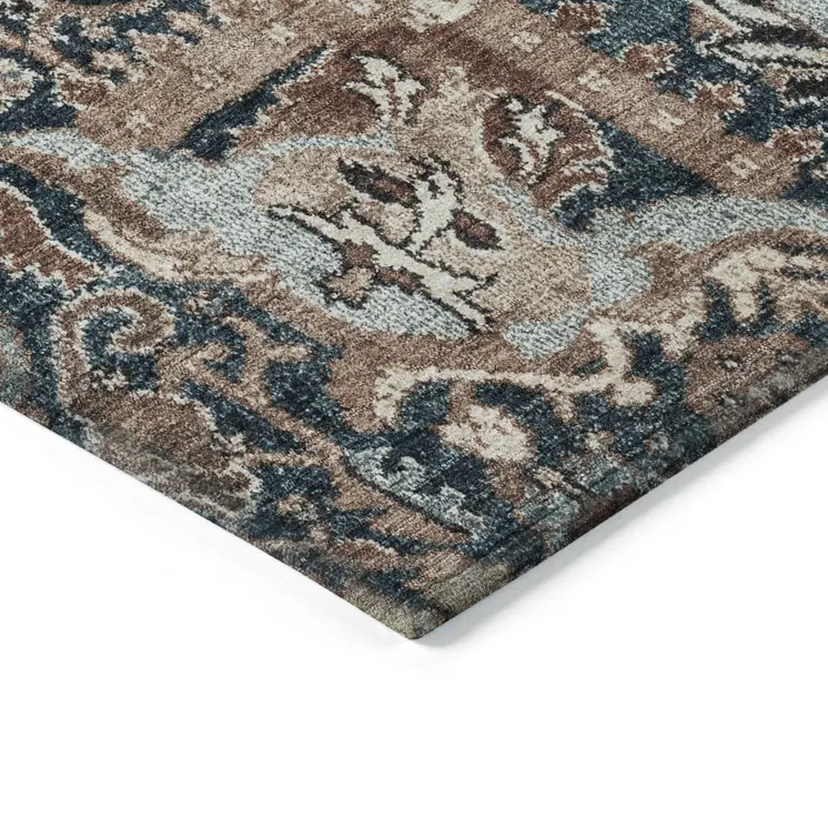 8' Taupe Blue And Beige Round Geometric Washable Indoor Outdoor Area Rug