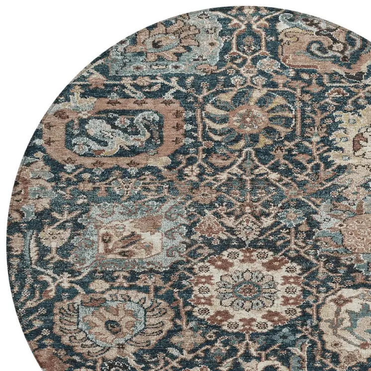 8' Taupe Blue And Beige Round Geometric Washable Indoor Outdoor Area Rug