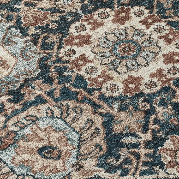 8' Taupe Blue And Beige Round Geometric Washable Indoor Outdoor Area Rug