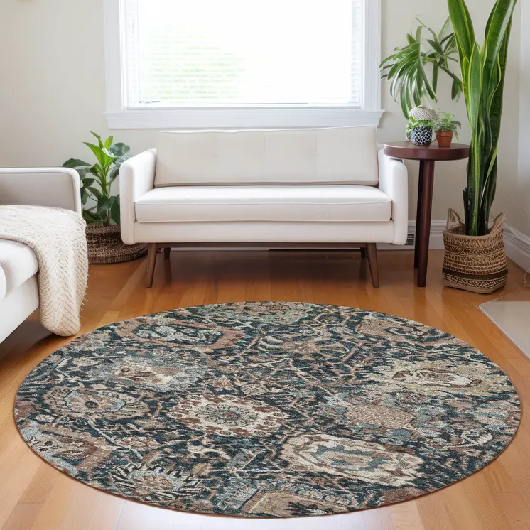 8' Taupe Blue And Beige Round Geometric Washable Indoor Outdoor Area Rug