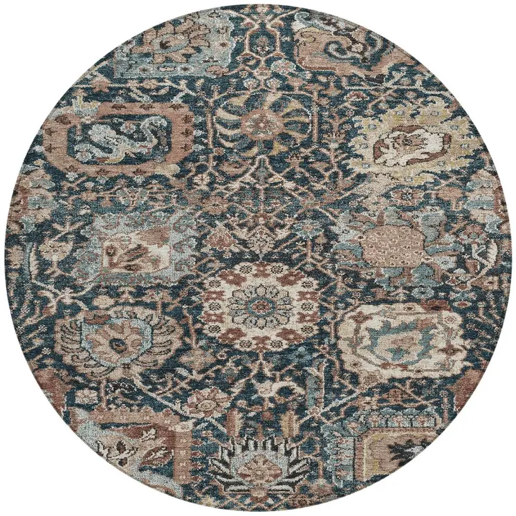 8' Taupe Blue And Beige Round Geometric Washable Indoor Outdoor Area Rug