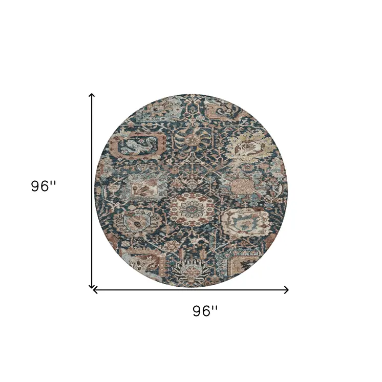 8' Taupe Blue And Beige Round Geometric Washable Indoor Outdoor Area Rug