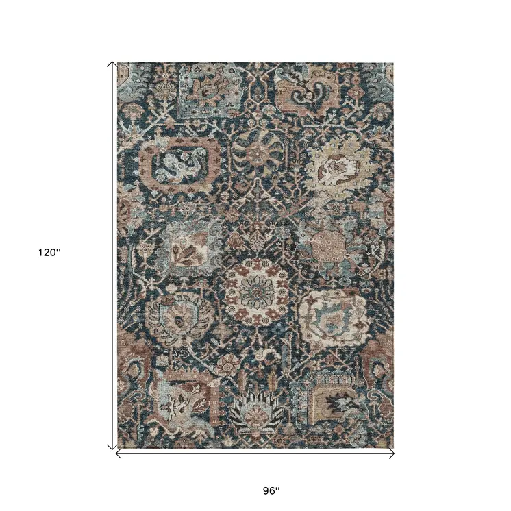 8' X 10' Taupe Blue And Beige Geometric Washable Indoor Outdoor Area Rug