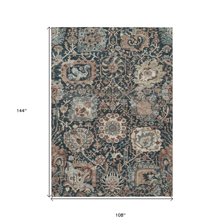 9' X 12' Taupe Blue And Beige Geometric Washable Indoor Outdoor Area Rug