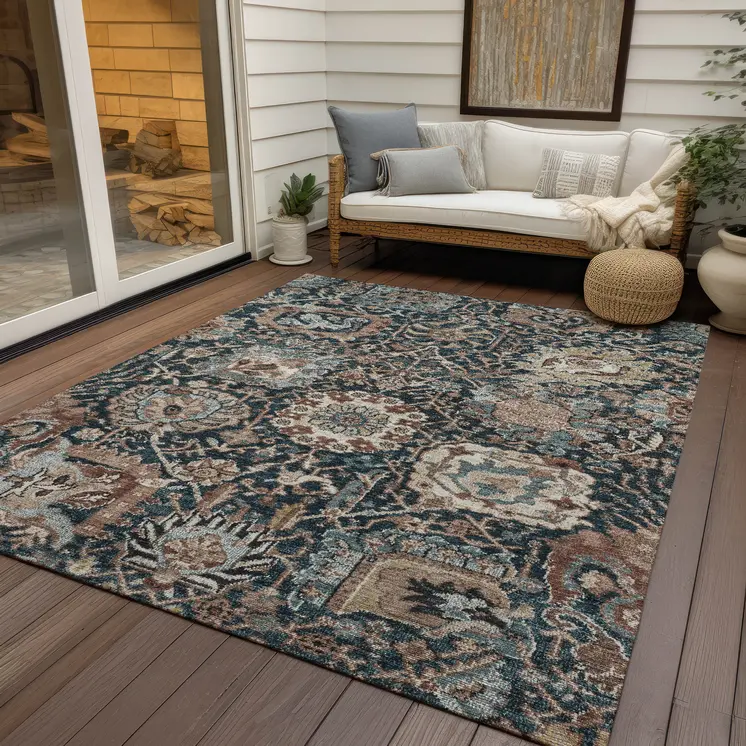 9' X 12' Taupe Blue And Beige Geometric Washable Indoor Outdoor Area Rug
