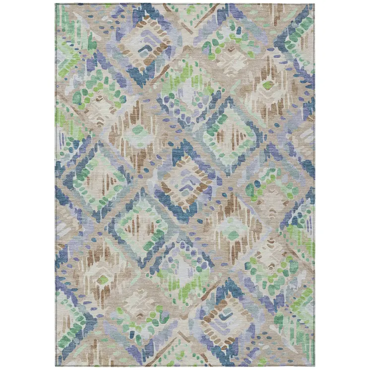 5' X 8' Beige Blue And Green Geometric Washable Indoor Outdoor Area Rug