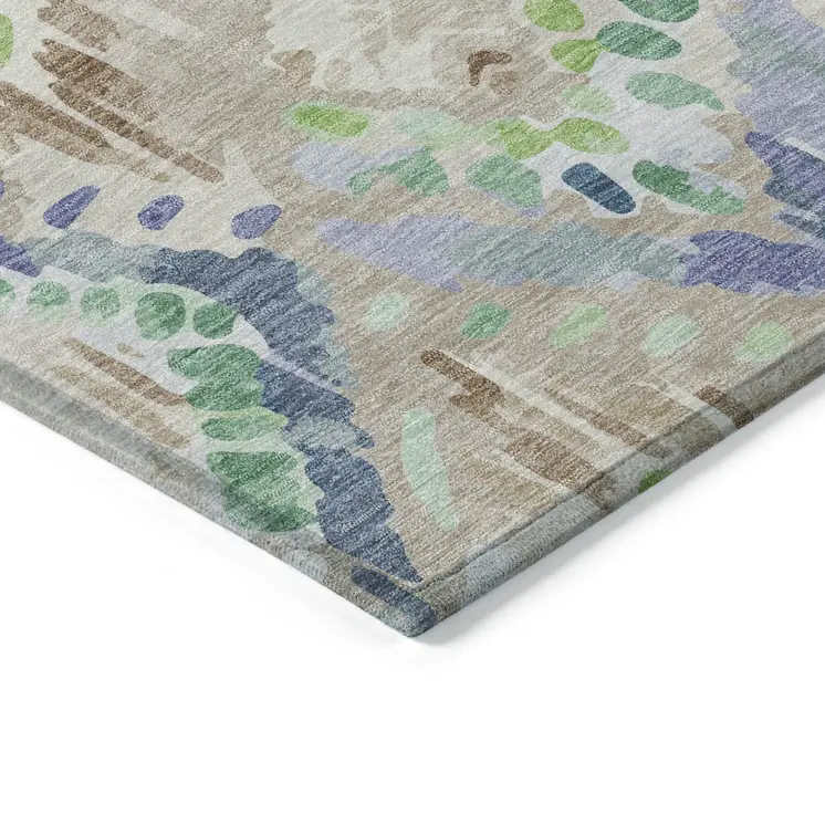 5' X 8' Beige Blue And Green Geometric Washable Indoor Outdoor Area Rug
