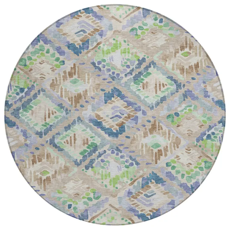8' Beige Blue And Green Round Geometric Washable Indoor Outdoor Area Rug