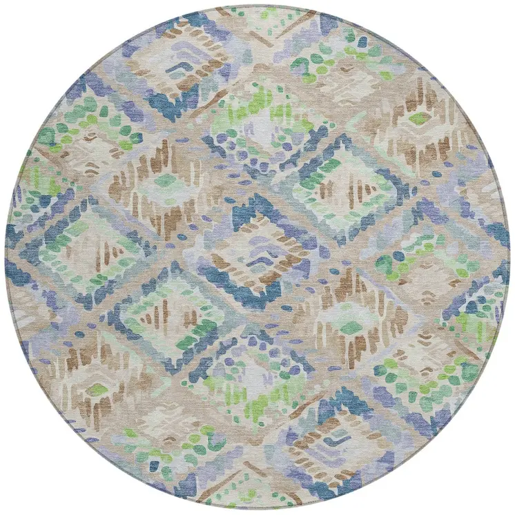 8' Beige Blue And Green Round Geometric Washable Indoor Outdoor Area Rug