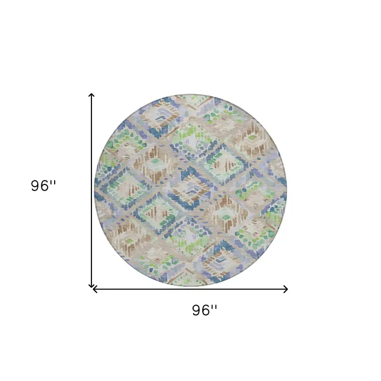 8' Beige Blue And Green Round Geometric Washable Indoor Outdoor Area Rug