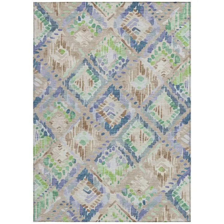 8' X 10' Beige Blue And Green Geometric Washable Indoor Outdoor Area Rug