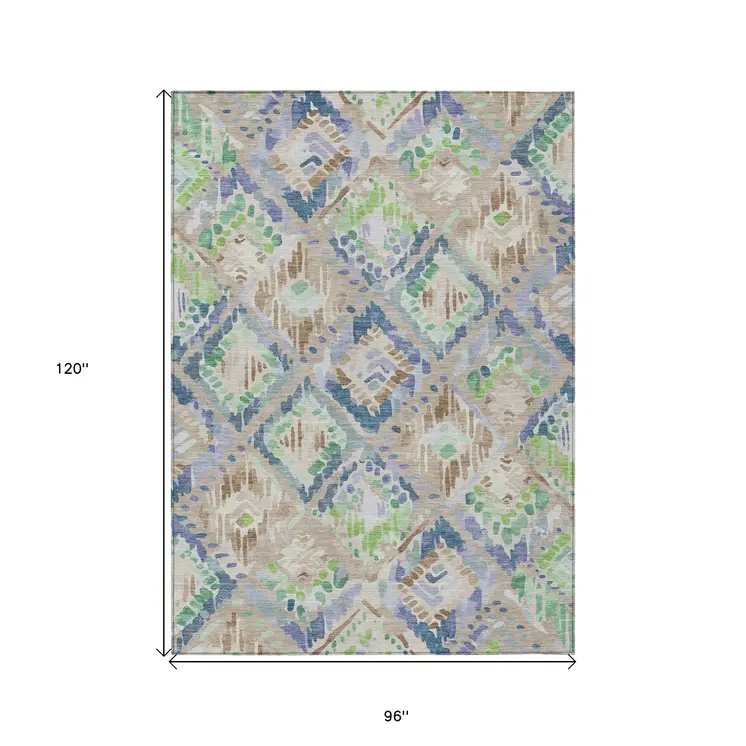 8' X 10' Beige Blue And Green Geometric Washable Indoor Outdoor Area Rug