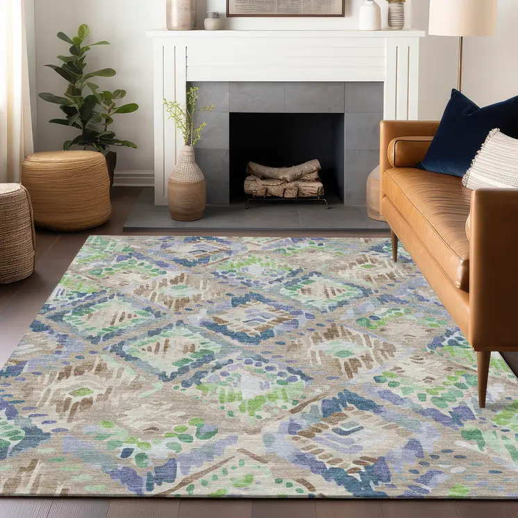 8' X 10' Beige Blue And Green Geometric Washable Indoor Outdoor Area Rug