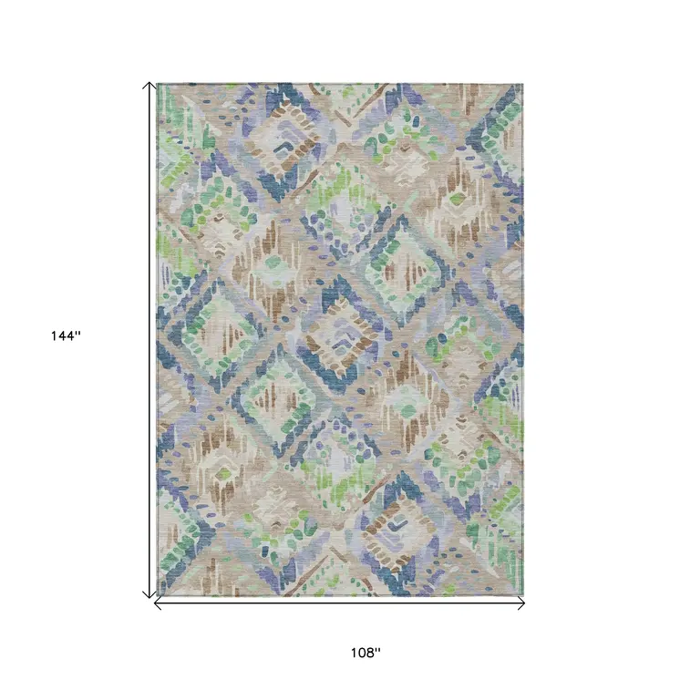 9' X 12' Beige Blue And Green Geometric Washable Indoor Outdoor Area Rug