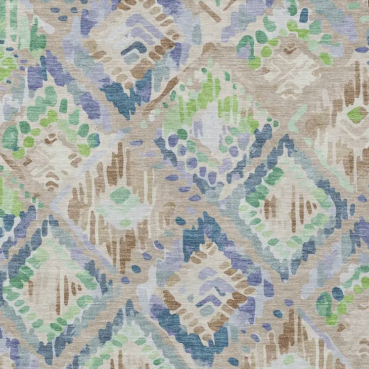 9' X 12' Beige Blue And Green Geometric Washable Indoor Outdoor Area Rug