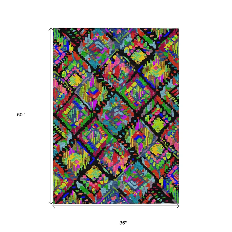 3' X 5' Black Yellow And Green Geometric Washable Indoor Outdoor Area Rug