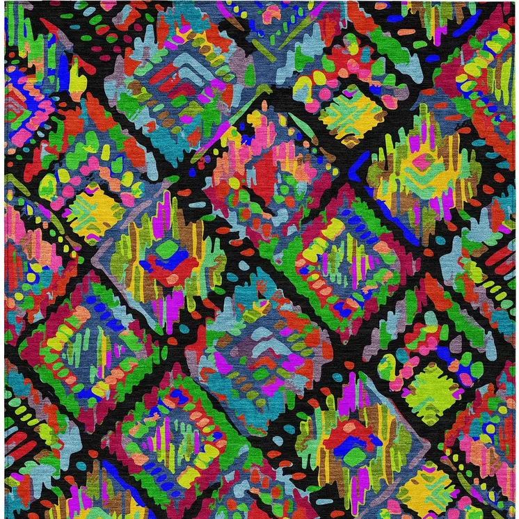 3' X 5' Black Yellow And Green Geometric Washable Indoor Outdoor Area Rug