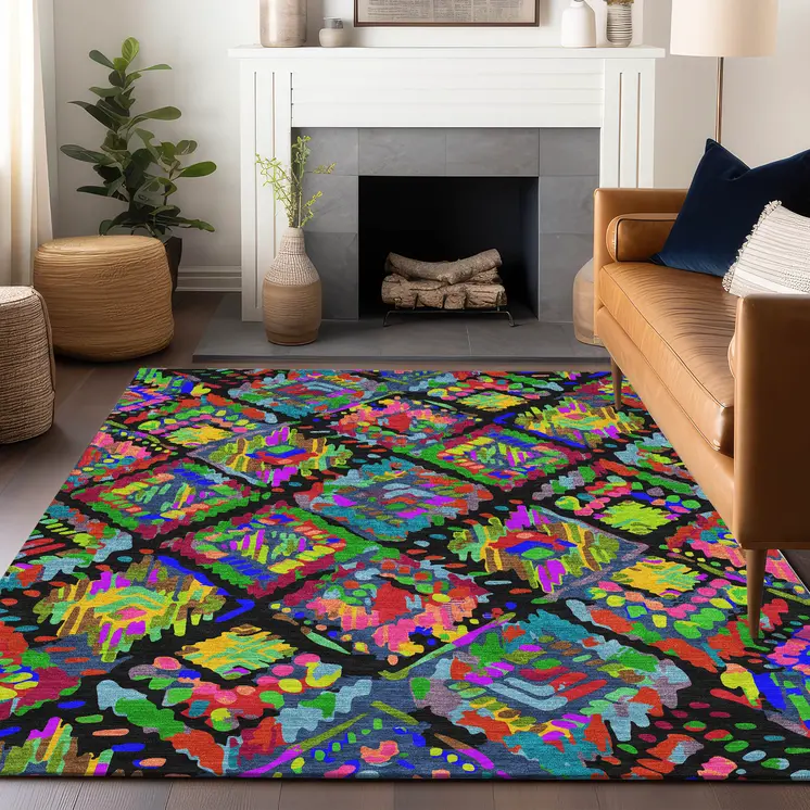 3' X 5' Black Yellow And Green Geometric Washable Indoor Outdoor Area Rug