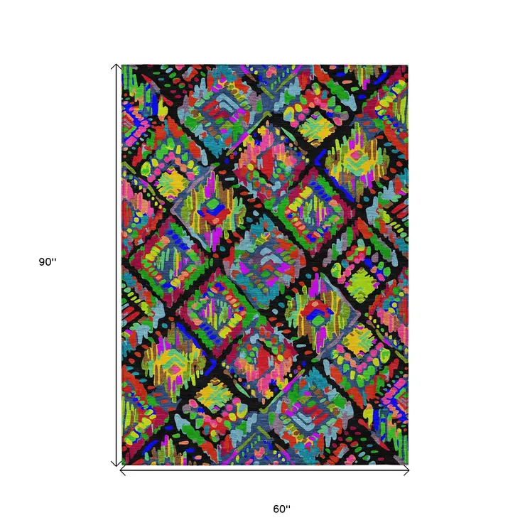 5' X 8' Black Yellow And Green Geometric Washable Indoor Outdoor Area Rug