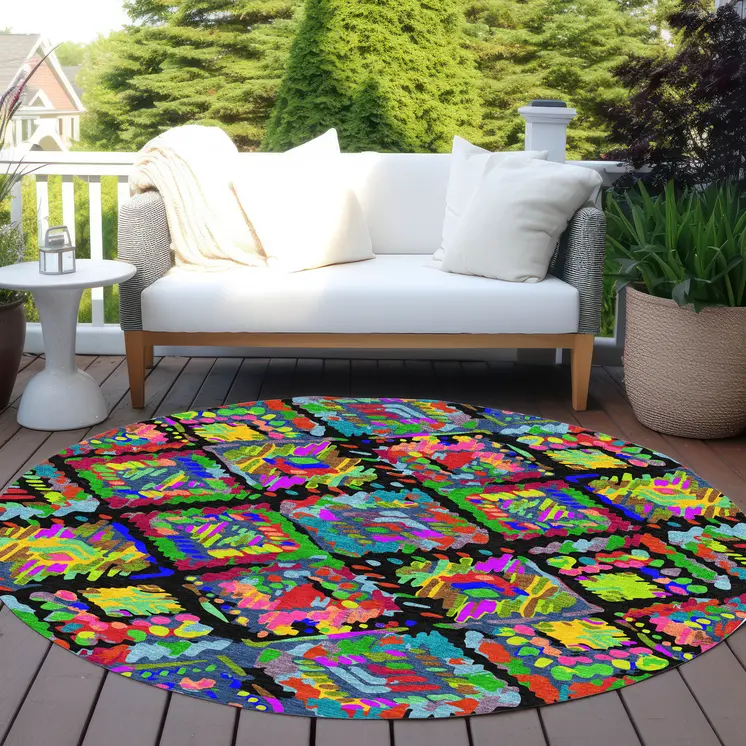 8' Black Yellow And Green Round Geometric Washable Indoor Outdoor Area Rug