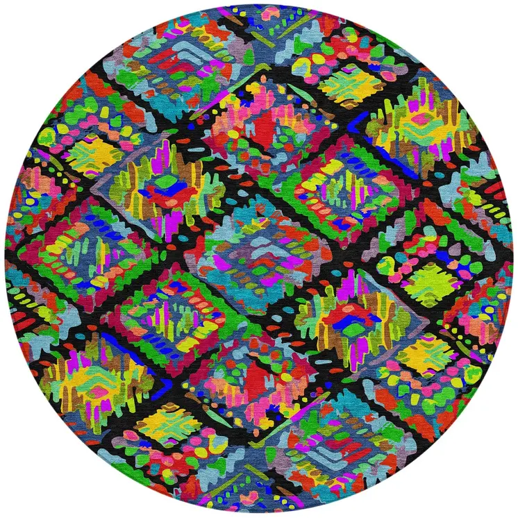8' Black Yellow And Green Round Geometric Washable Indoor Outdoor Area Rug