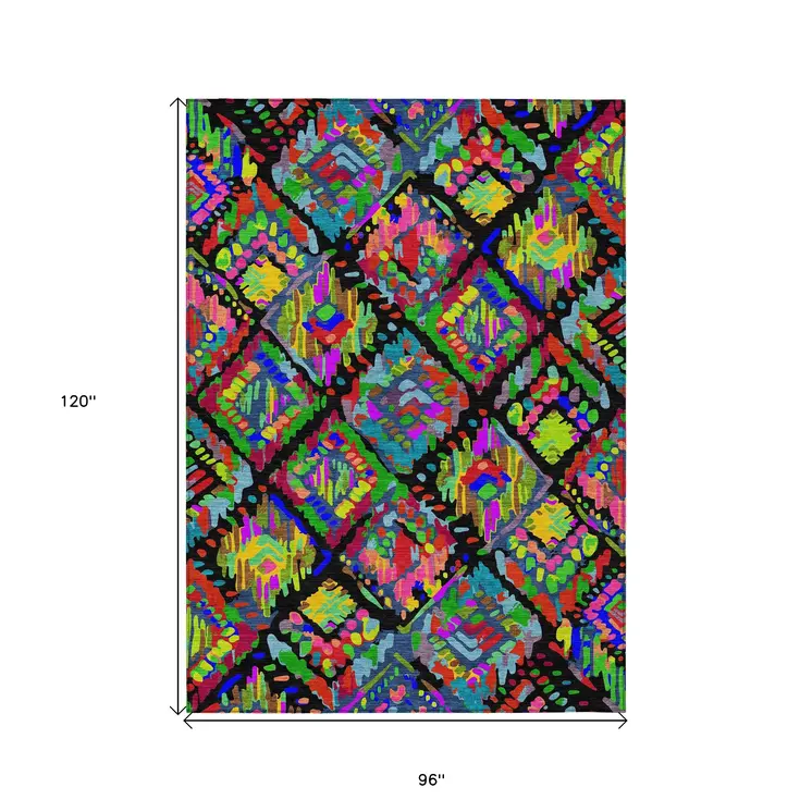 8' X 10' Black Yellow And Green Geometric Washable Indoor Outdoor Area Rug