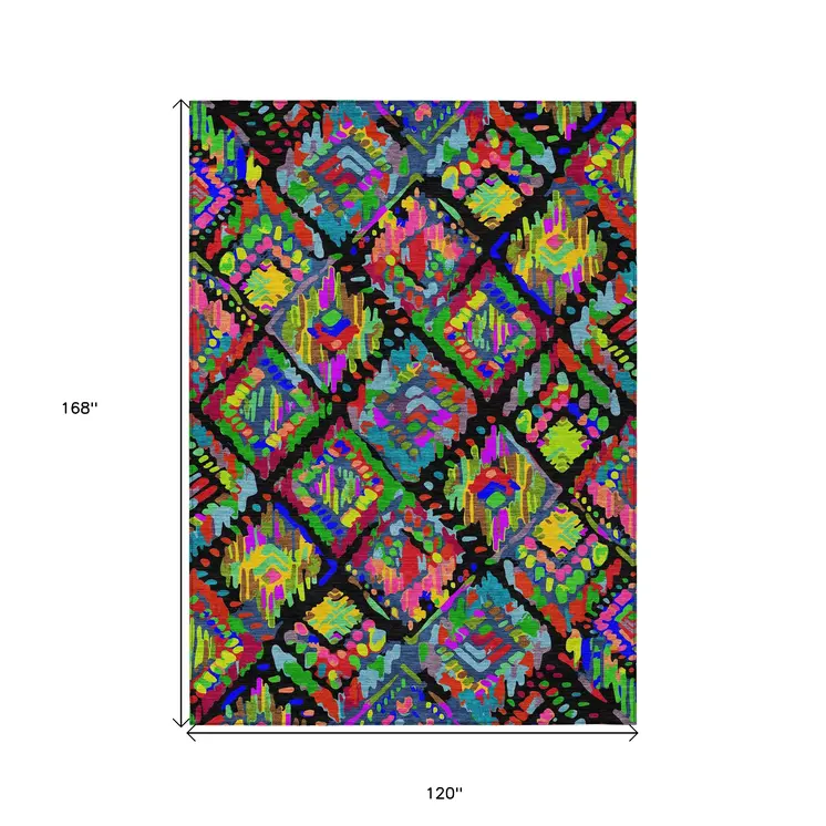 10' X 14' Black Yellow And Green Geometric Washable Indoor Outdoor Area Rug