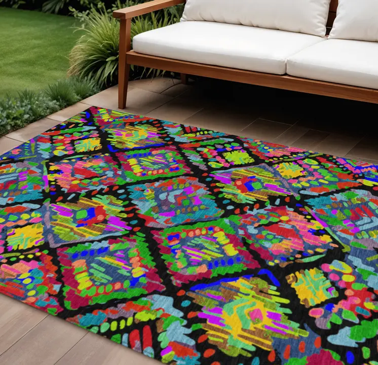 10' X 14' Black Yellow And Green Geometric Washable Indoor Outdoor Area Rug
