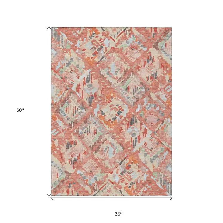 3' X 5' Coral And Orange Geometric Washable Indoor Outdoor Area Rug