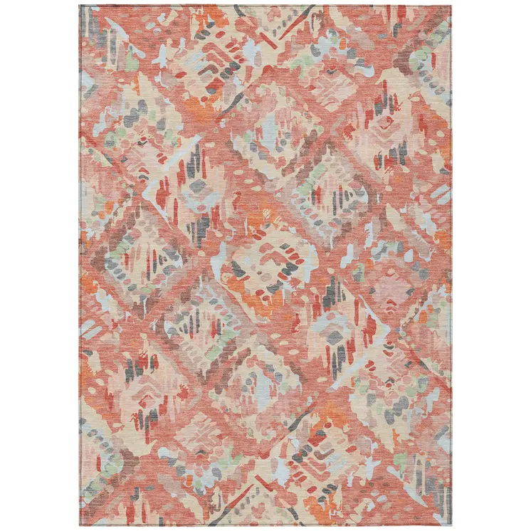 3' X 5' Coral And Orange Geometric Washable Indoor Outdoor Area Rug