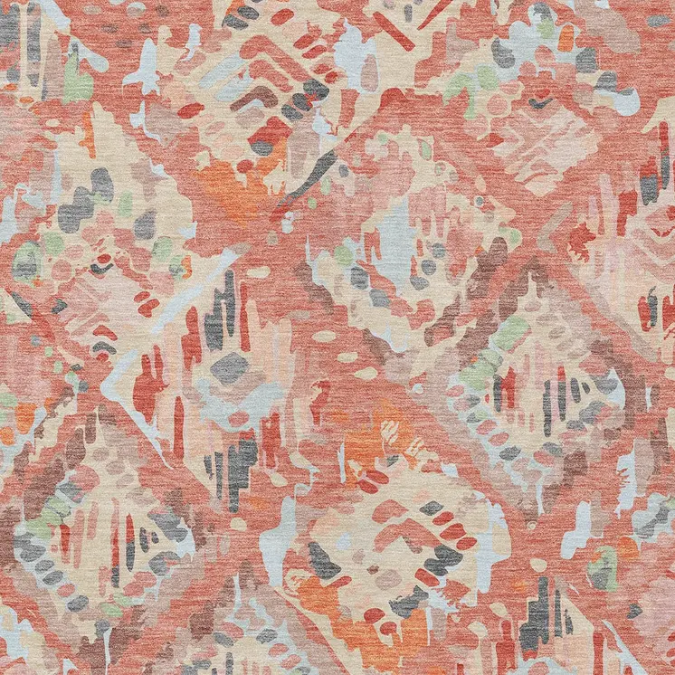 5' X 8' Coral And Orange Geometric Washable Indoor Outdoor Area Rug