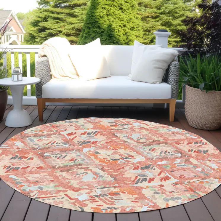 8' Coral And Orange Round Geometric Washable Indoor Outdoor Area Rug